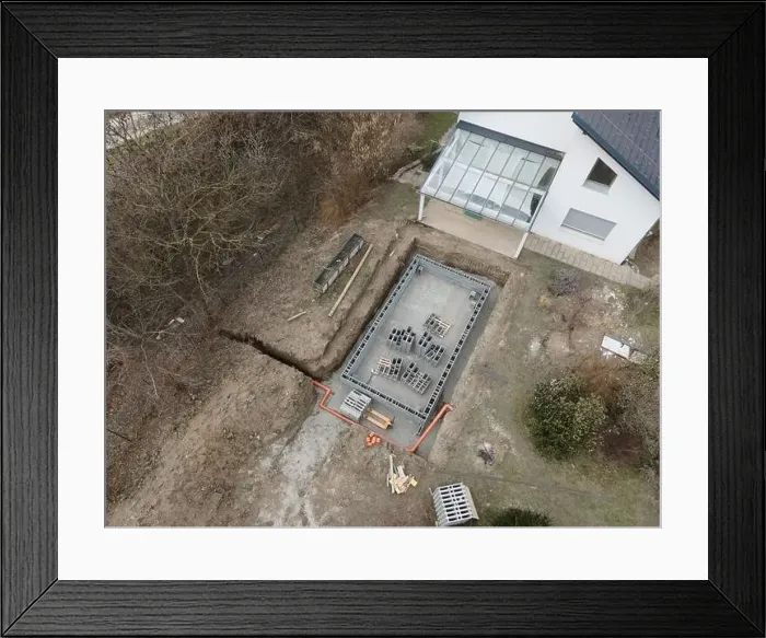Framed Print : Aerial drone photo of a construction site for a pool Framed Print : Aerial drone photo of a construction site for a pool
