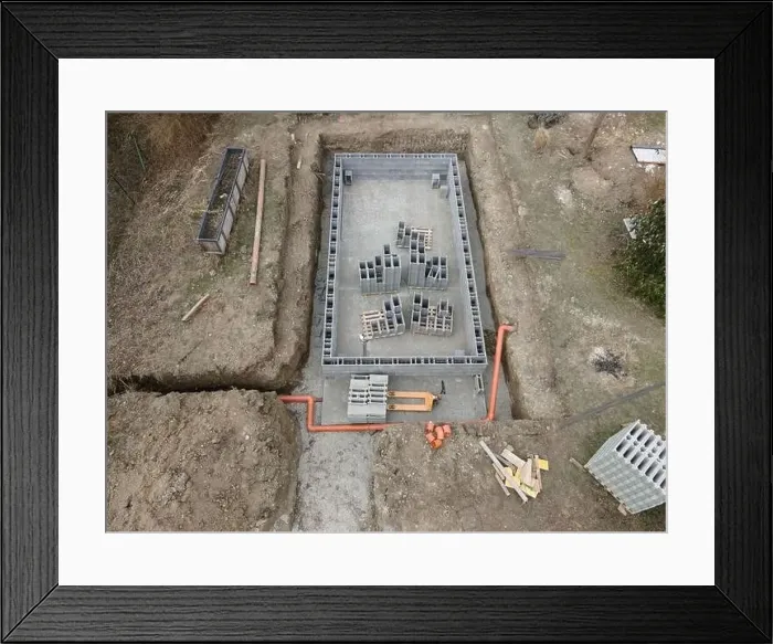 Framed Print : Aerial drone photo of a construction site for a pool Framed Print : Aerial drone photo of a construction site for a pool