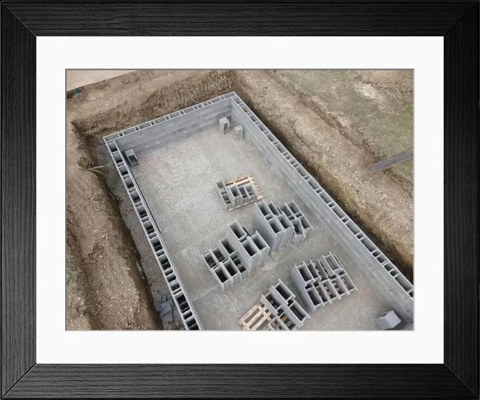 Framed Print : Aerial drone photo of a construction site for a pool Framed Print : Aerial drone photo of a construction site for a pool