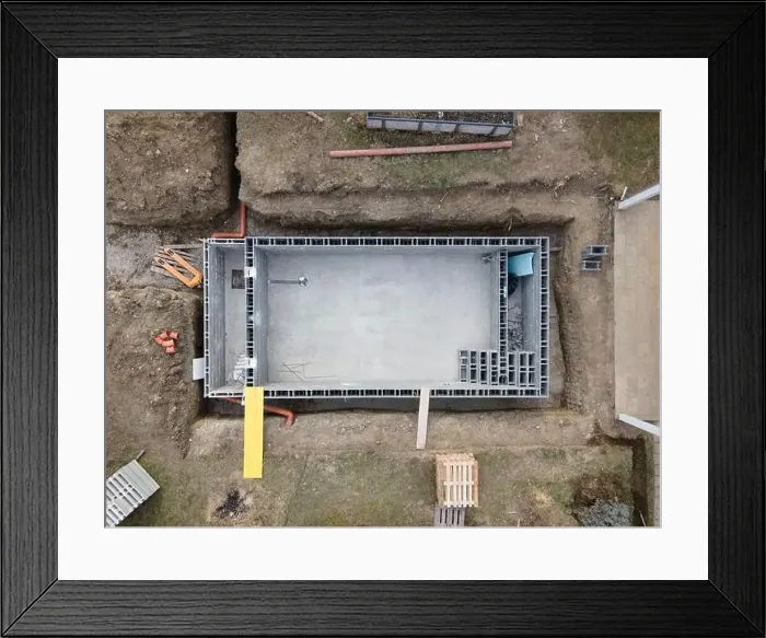 Framed Print : Drones aerial photo of a construction site of a pool Framed Print : Drones aerial photo of a construction site of a pool