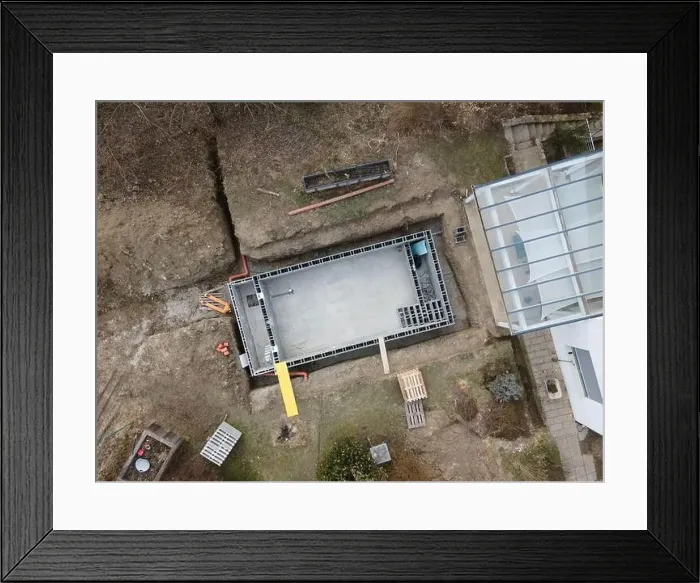 Framed Print : Drones aerial photo of a construction site of a pool Framed Print : Drones aerial photo of a construction site of a pool