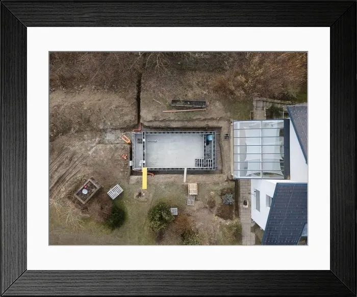 Framed Print : Drones aerial photo of a construction site of a pool Framed Print : Drones aerial photo of a construction site of a pool