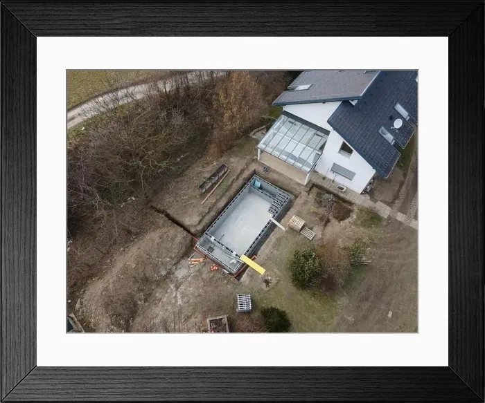 Framed Print : Drones aerial photo of a construction site of a pool Framed Print : Drones aerial photo of a construction site of a pool