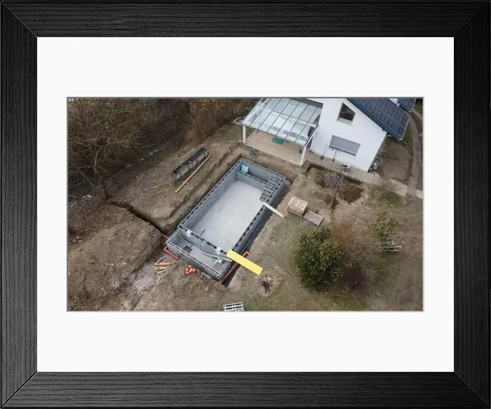 Framed Print : Drones aerial photo of a construction site of a pool Framed Print : Drones aerial photo of a construction site of a pool