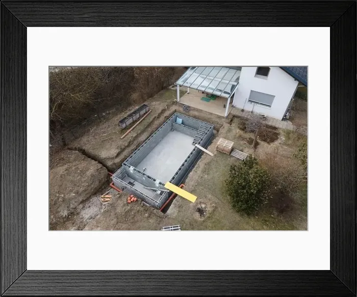 Framed Print : Drones aerial photo of a construction site of a pool Framed Print : Drones aerial photo of a construction site of a pool