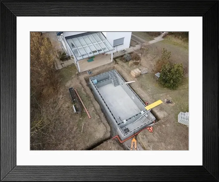 Framed Print : Drones aerial photo of a construction site of a pool Framed Print : Drones aerial photo of a construction site of a pool
