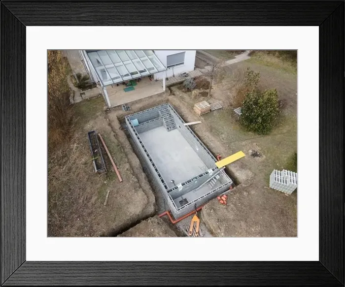 Framed Print : Drones aerial photo of a construction site of a pool Framed Print : Drones aerial photo of a construction site of a pool