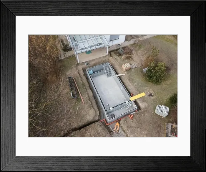 Framed Print : Drones aerial photo of a construction site of a pool Framed Print : Drones aerial photo of a construction site of a pool