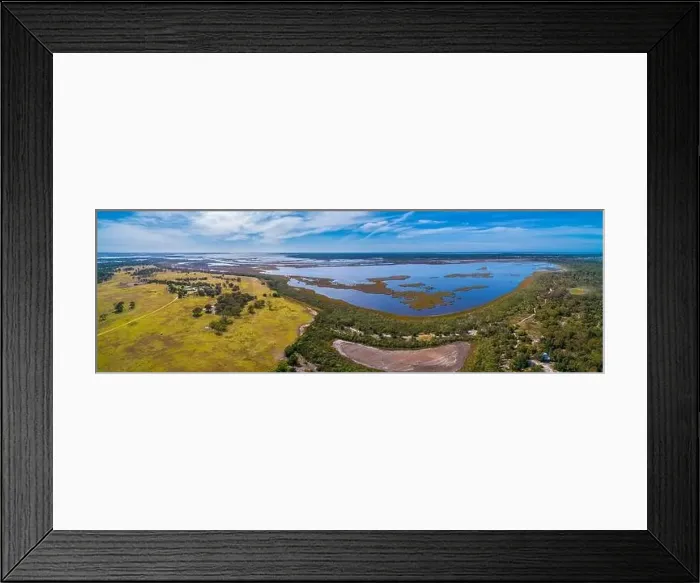 Framed Print : Wide aerial panorama of Lake Wellington in Gippsland, Australia Framed Print : Wide aerial panorama of Lake Wellington in Gippsland, Australia