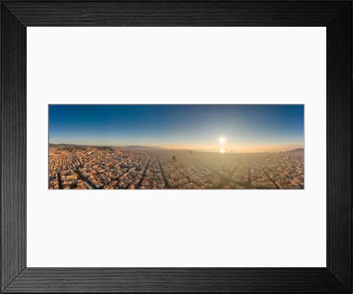Framed Print : 360 aerial panorama drone shot of skyline in Barcelona city center in foggy sunrise golden hour in Spain winter Framed Print : 360 aerial panorama drone shot of skyline in Barcelona city center in foggy sunrise golden hour in Spain winter