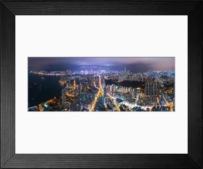 Framed Print : Epic aerial night view of downtown district in Kowloon, Hong Kong. Graded to Cyberpunk color Framed Print : Epic aerial night view of downtown district in Kowloon, Hong Kong. Graded to Cyberpunk color