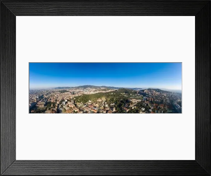Framed Print : Barcelona, Spain - Feb 25, 2020: Aerial panorama drones shot of park on hill outside Barcelona city in winter morning Framed Print : Barcelona, Spain - Feb 25, 2020: Aerial panorama drones shot of park on hill outside Barcelona city in winter morning