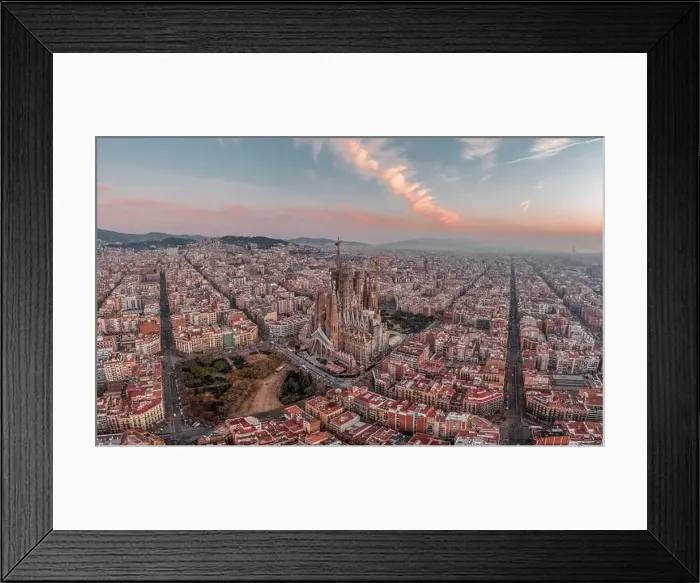 Framed Print : Barcelona, Spain - Feb 25, 2020: Aerial drone shot of city center before Sunrise golden hour during Spain winter Framed Print : Barcelona, Spain - Feb 25, 2020: Aerial drone shot of city center before Sunrise golden hour during Spain winter