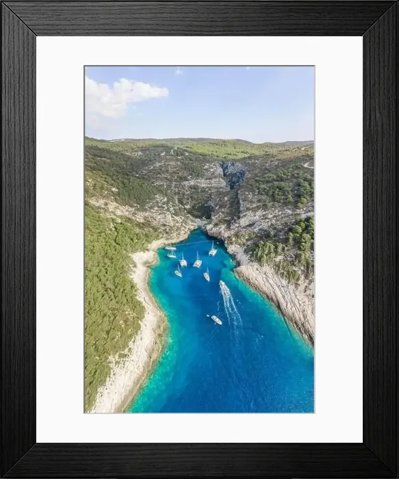 Framed Print : Aerial drone shot of iconic Stiniva cove beach of Adriatic sea on Vis Island in Croatia summer