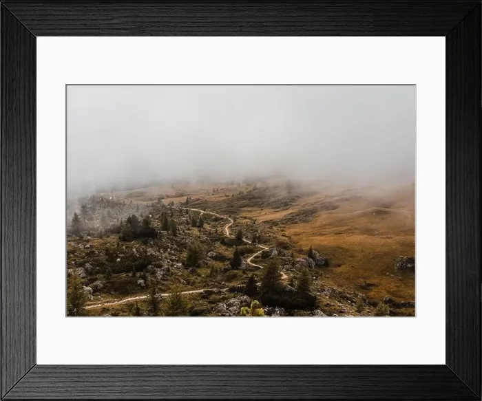 Framed Print : From above drone view of curved asphalt roadway running through green forested slopes of Dolomites mountain range in Framed Print : From above drone view of curved asphalt roadway running through green forested slopes of Dolomites mountain range in