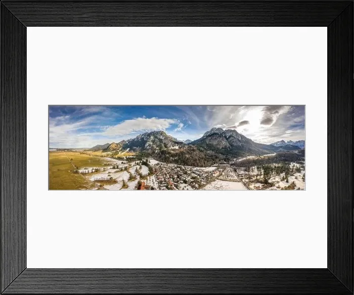 Framed Print : Aerial panorama drone shot of Hohenschwangau in Fussen with view of Neuschwanstein castle in Germany winter Framed Print : Aerial panorama drone shot of Hohenschwangau in Fussen with view of Neuschwanstein castle in Germany winter