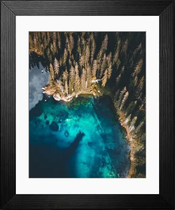 Framed Print : Aerial view of Carezza lake. Dolomites Framed Print : Aerial view of Carezza lake. Dolomites