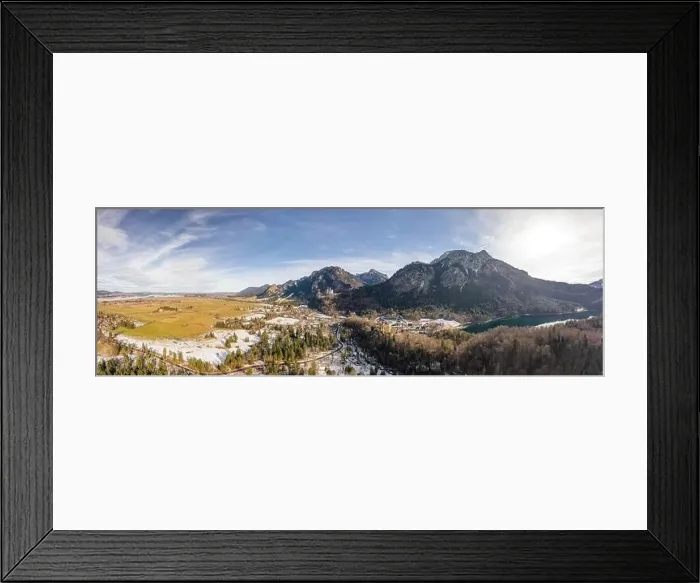 Framed Print : Aerial panorama drone shot of Hohenschwangau in Fussen with view of Neuschwanstein castle in Germany winter Framed Print : Aerial panorama drone shot of Hohenschwangau in Fussen with view of Neuschwanstein castle in Germany winter