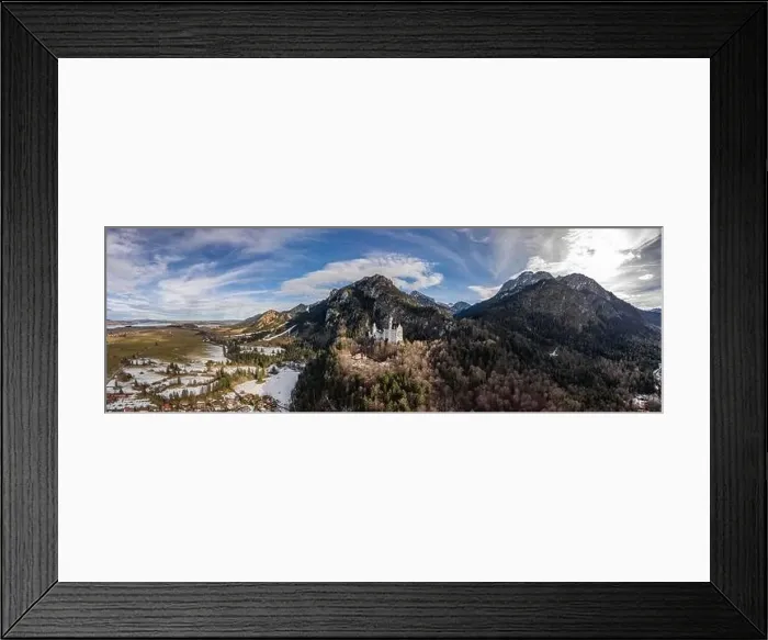 Framed Print : Aerial panorama drone shot of Hohenschwangau in Fussen with view of Neuschwanstein castle in Germany winter Framed Print : Aerial panorama drone shot of Hohenschwangau in Fussen with view of Neuschwanstein castle in Germany winter