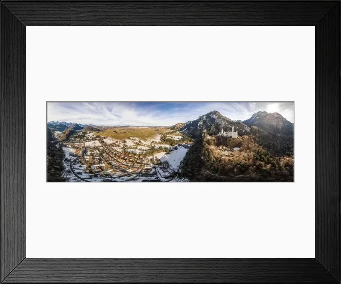 Framed Print : 360 Aerial panorama drone shot of picturesque Neuschwanstein Castle on snowy hill in winter sunlight in Germany Framed Print : 360 Aerial panorama drone shot of picturesque Neuschwanstein Castle on snowy hill in winter sunlight in Germany