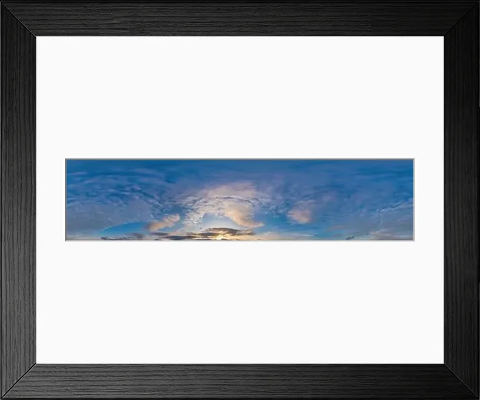 Framed Print : Sky panorama on sunset with Cirrus clouds in Seamless spherical equirectangular format as full zenith for use in 3D