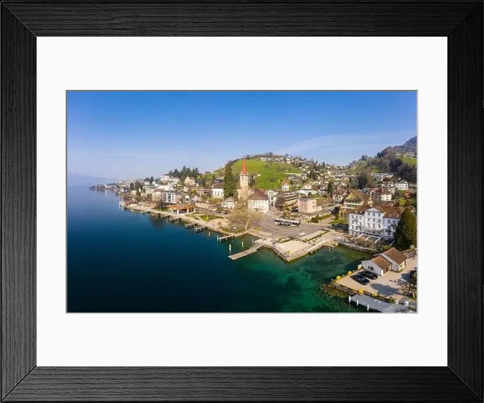Framed Print : Aerial view of the idyllic Weggis town by lake Lucerne in Central Switzerland on a sunny spring day Framed Print : Aerial view of the idyllic Weggis town by lake Lucerne in Central Switzerland on a sunny spring day