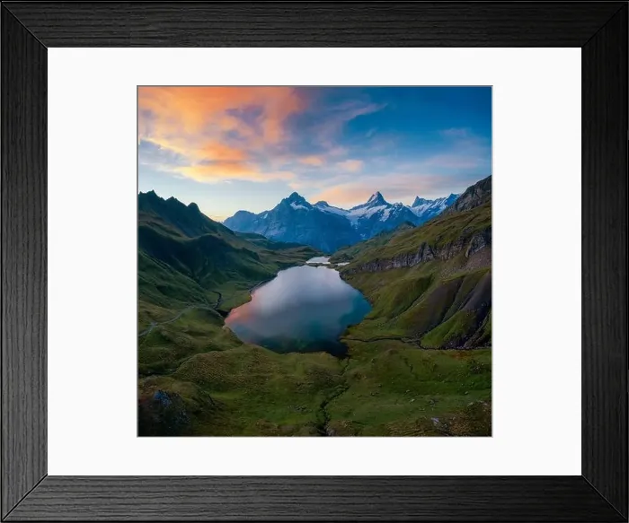 Framed Print : Aerial panoramic of Bachalpsee lake at sunset, Grindelwald, Bernese Oberland, Bern Canton, Switzerland Framed Print : Aerial panoramic of Bachalpsee lake at sunset, Grindelwald, Bernese Oberland, Bern Canton, Switzerland