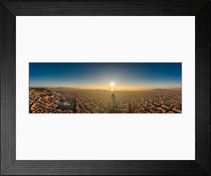 Framed Print : Aerial panorama drone shot of skyline in Barcelona city center in foggy sunrise golden hour in Spain winter Framed Print : Aerial panorama drone shot of skyline in Barcelona city center in foggy sunrise golden hour in Spain winter