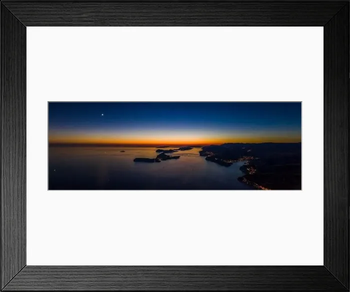 Framed Print : Aerial panorama drone shot of sunset horizon in Adriatic islands in Dubrovnik in Croatia summer Framed Print : Aerial panorama drone shot of sunset horizon in Adriatic islands in Dubrovnik in Croatia summer