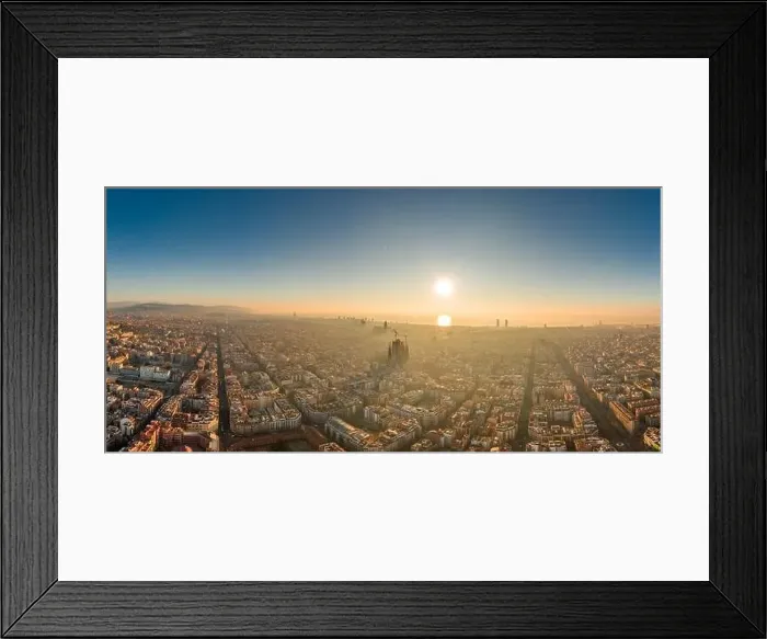 Framed Print : Aerial panorama shot of skyline in Barcelona center in foggy sunrise in Spain winter Framed Print : Aerial panorama shot of skyline in Barcelona center in foggy sunrise in Spain winter