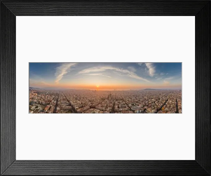 Framed Print : Barcelona, Spain - Feb 25, 2020: Aerial panorama shot of Barcelona coastline sun rising over horizon in winter morning Framed Print : Barcelona, Spain - Feb 25, 2020: Aerial panorama shot of Barcelona coastline sun rising over horizon in winter morning