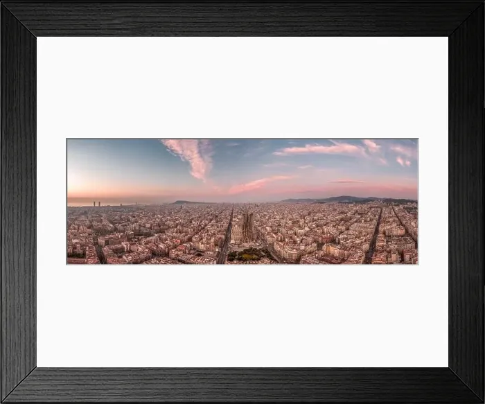 Framed Print : Aerial panorama shot of Barcelona center empty street before sunrise at Spain winter dusk Framed Print : Aerial panorama shot of Barcelona center empty street before sunrise at Spain winter dusk