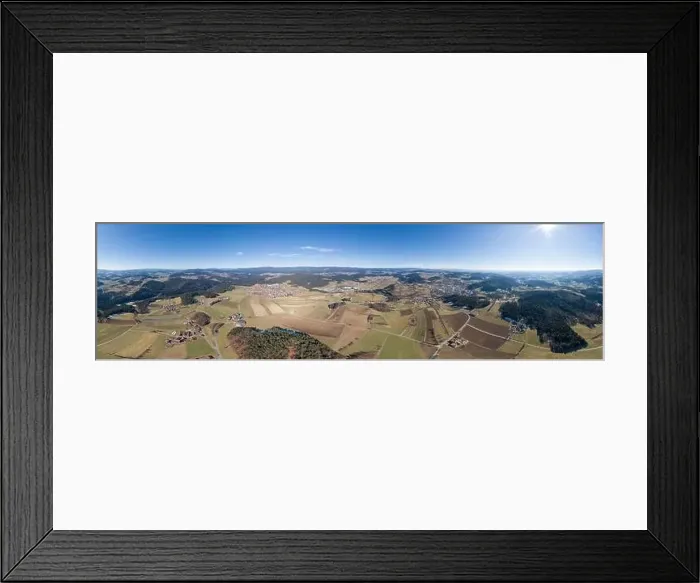 Framed Print : Image of aerial photography with drone of village Grossarmschlag near Grafenau in Bavarian forest with mountains Arber