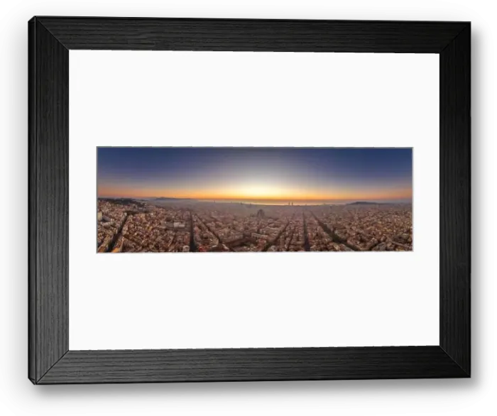 Framed Print : Aerial panorama drone shot of Barcelona with sunrise over sea horizon in Spain winter dawn Framed Print : Aerial panorama drone shot of Barcelona with sunrise over sea horizon in Spain winter dawn
