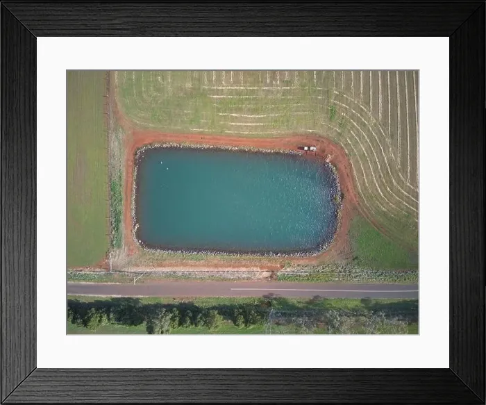 Framed Print : Dam aerial view showing farming landscape, water reflection and background patterns. Victoria, Australia Framed Print : Dam aerial view showing farming landscape, water reflection and background patterns. Victoria, Australia