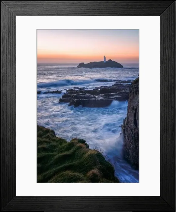 Framed Print : Godrevy lighthouse at sunset near gwithian cornwall england uk Framed Print : Godrevy lighthouse at sunset near gwithian cornwall england uk