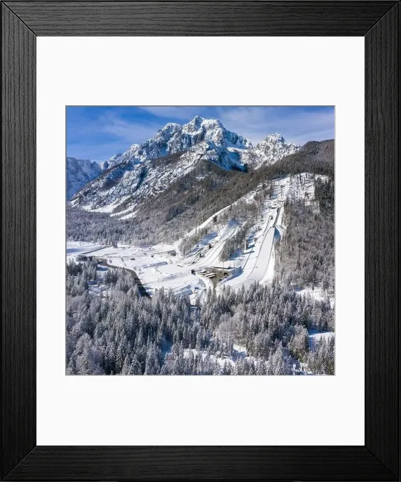 Framed Print : Aerial view of Ski Jump in Planica, Slovenia at Ratece near Kranjska gora in winter with snow