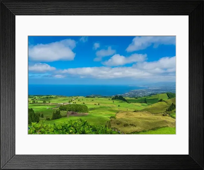 Framed Print : Panorama View from the mountain to Sao Miguel, Azores, Portugal with beautiful blue sky Framed Print : Panorama View from the mountain to Sao Miguel, Azores, Portugal with beautiful blue sky