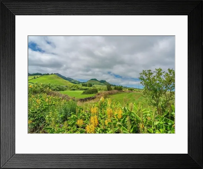 Framed Print : Panorama View from the mountain to Sao Miguel, Azores, Portugal with beautiful blue sky Framed Print : Panorama View from the mountain to Sao Miguel, Azores, Portugal with beautiful blue sky