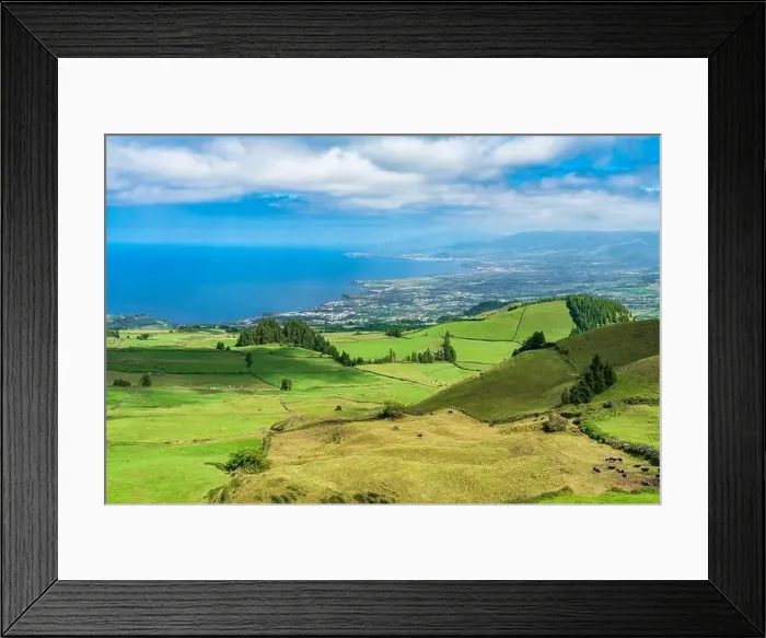 Framed Print : Panorama View from the mountain to Sao Miguel, Azores, Portugal with beautiful blue sky Framed Print : Panorama View from the mountain to Sao Miguel, Azores, Portugal with beautiful blue sky