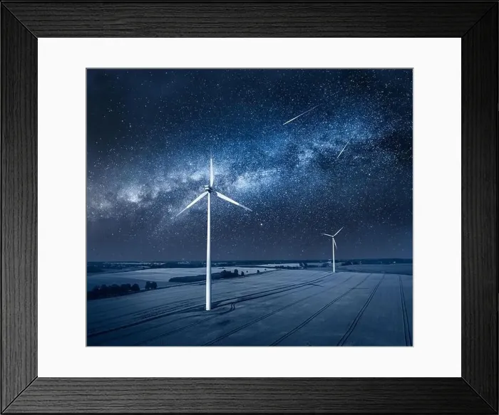 Framed Print : Milky way over field with wind turbines. Alternative energy, Poland, Europe Framed Print : Milky way over field with wind turbines. Alternative energy, Poland, Europe