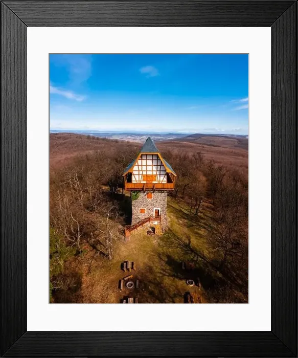 Framed Print : Buják, Hungary - Aerial view of the famous Sasbérc lookout tower which is the highest point of Cserhát mountain Framed Print : Buják, Hungary - Aerial view of the famous Sasbérc lookout tower which is the highest point of Cserhát mountain
