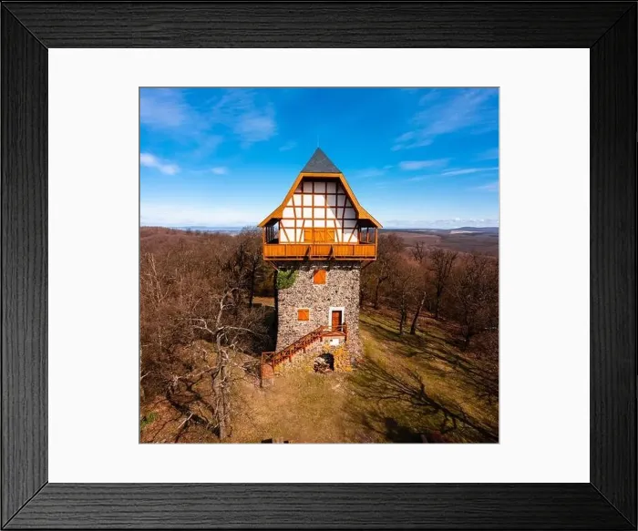Framed Print : Buják, Hungary - Aerial view of the famous Sasbérc lookout tower which is the highest point of Cserhát mountain Framed Print : Buják, Hungary - Aerial view of the famous Sasbérc lookout tower which is the highest point of Cserhát mountain