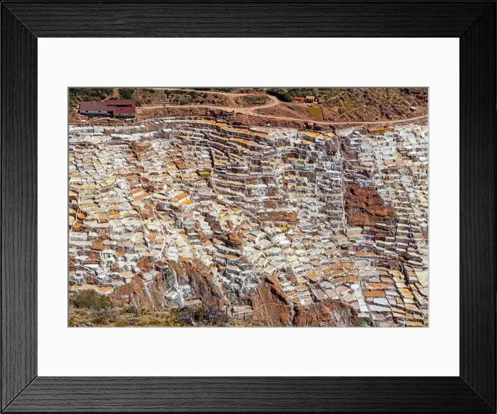 Framed Print : Aerial landscape of the Maras salt pond terraces, Sacred Valley of the Inca, Cusco province, Peru Framed Print : Aerial landscape of the Maras salt pond terraces, Sacred Valley of the Inca, Cusco province, Peru