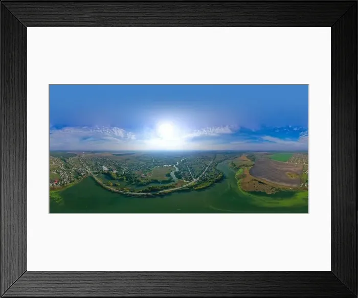 Framed Print : 360-degree pano of Aerial view over the middle of a large river Framed Print : 360-degree pano of Aerial view over the middle of a large river