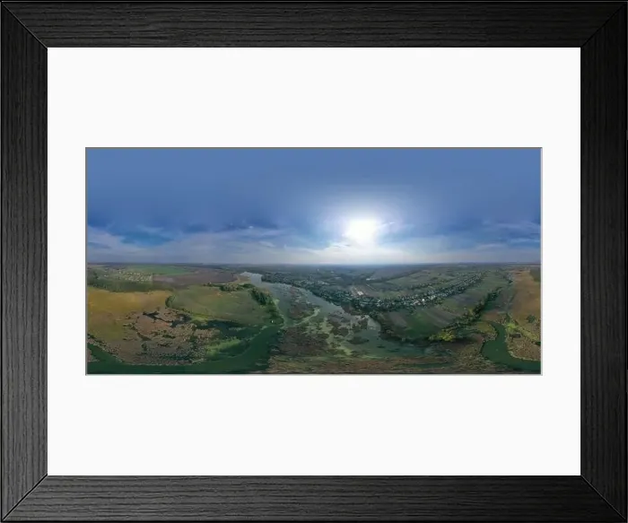 Framed Print : 360-degree Aerial panorama small town fields, trees, river with pattern at cloudy day Framed Print : 360-degree Aerial panorama small town fields, trees, river with pattern at cloudy day