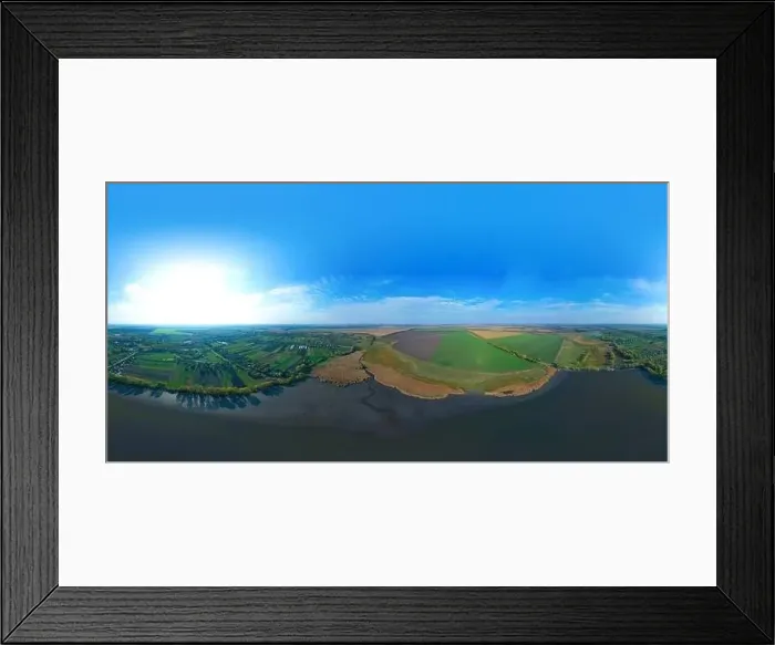 Framed Print : 360-degree pano of Aerial view over the middle of a large river Framed Print : 360-degree pano of Aerial view over the middle of a large river