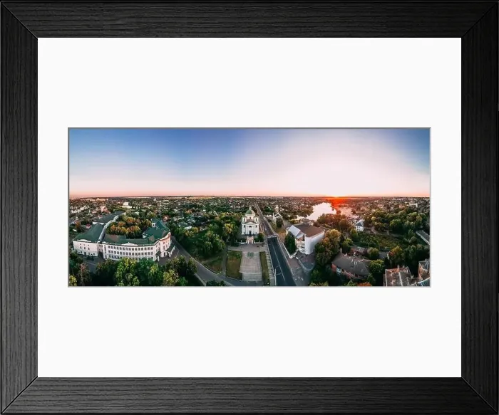 Framed Print : Panoramic aerial view of two old churches near river and bridge in small european city at summer day Framed Print : Panoramic aerial view of two old churches near river and bridge in small european city at summer day
