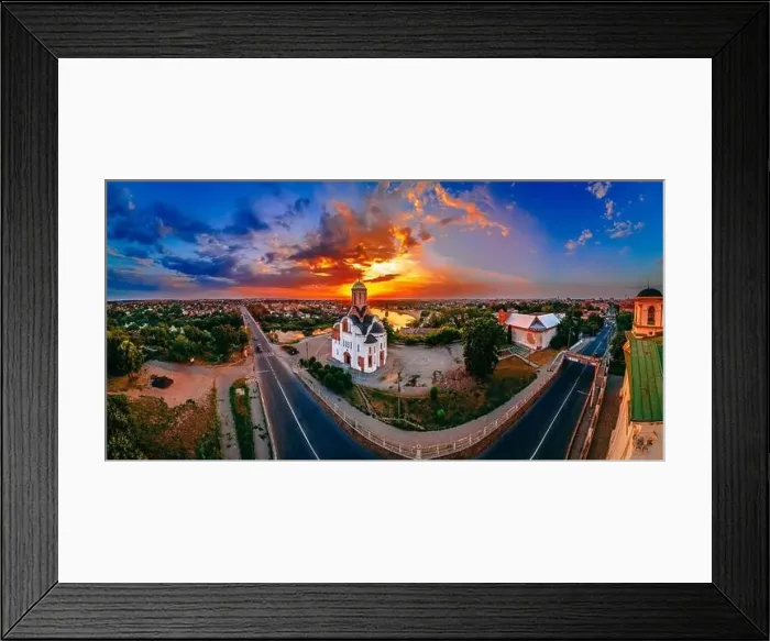 Framed Print : Panoramic aerial view of old church near river and bridge in small european city at summer day, Kyiv region, Ukraine Framed Print : Panoramic aerial view of old church near river and bridge in small european city at summer day, Kyiv region, Ukraine