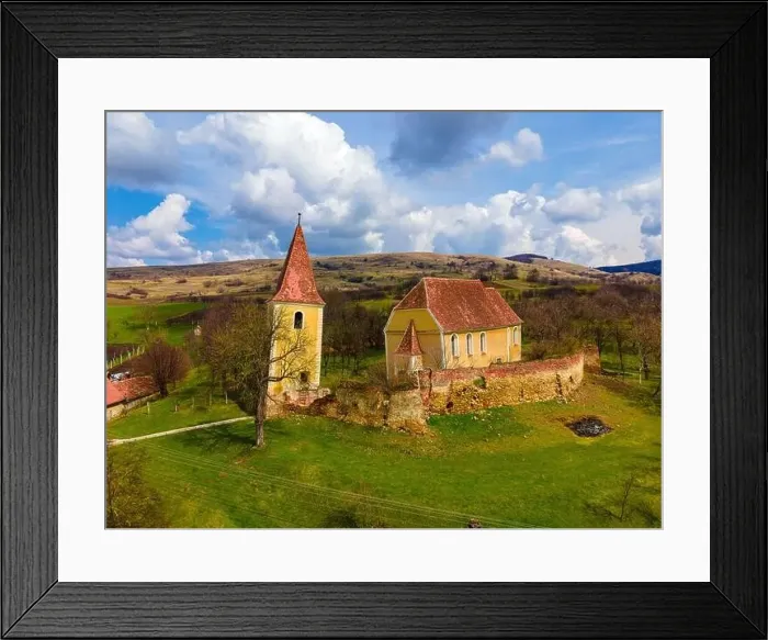 Framed Print : Birds eye view photography of a fortified church ruin located in Sibiu Framed Print : Birds eye view photography of a fortified church ruin located in Sibiu